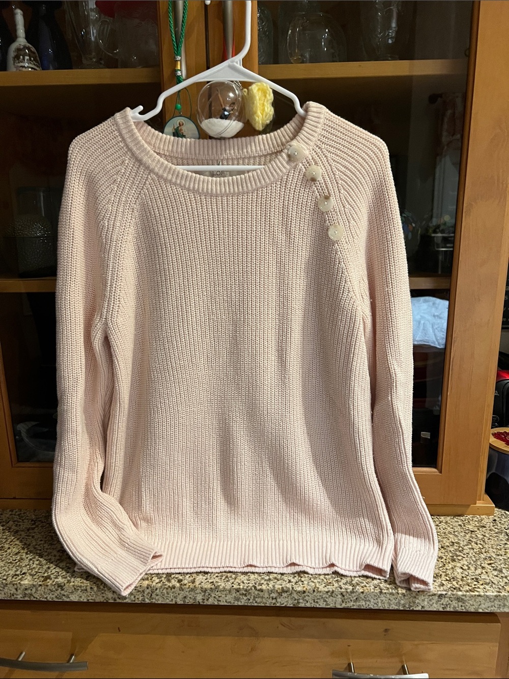 LOFT Pale Pink Button-Shoulder Ribbed Crewneck Sweater